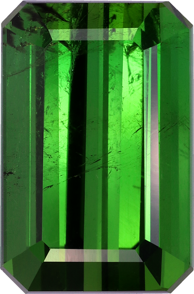 Rectangular cut green tourmaline, 13.9 by 9.2 mm, shown at actual size