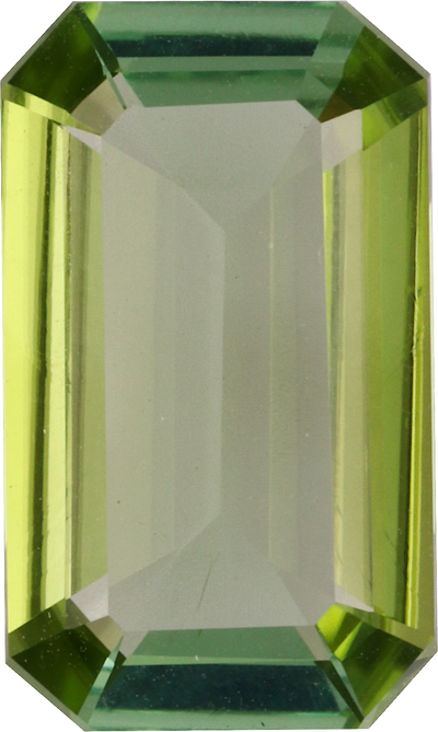Rectangular cut green tourmaline, 12.62 by 7.47 mm, shown at actual size