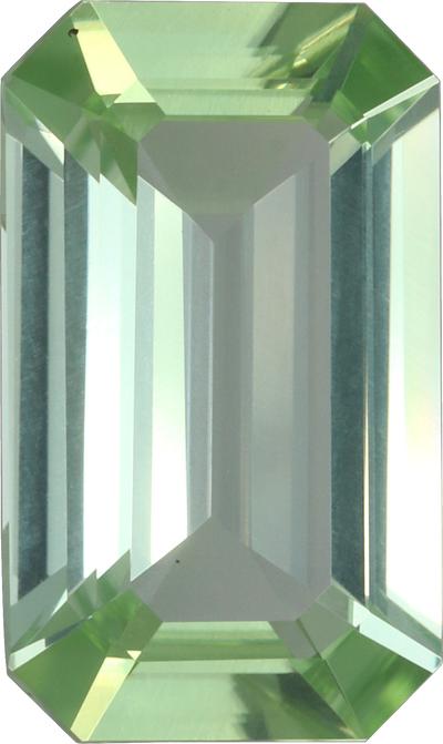 Rectangular cut green tourmaline, 13.44 by 8.01 mm, shown at actual size