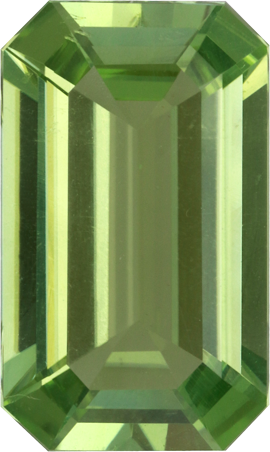 Rectangular cut green tourmaline, 13.65 by 8.14 mm, shown at actual size
