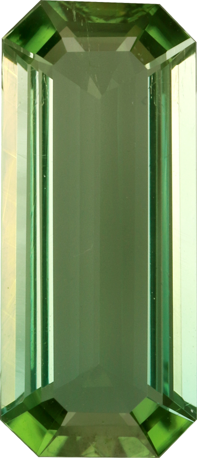 Rectangular cut green tourmaline, 16.48 by 7.14 mm, shown at actual size