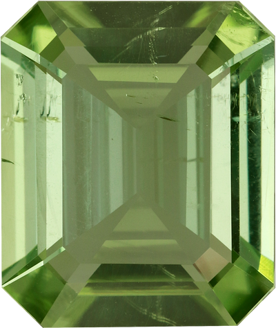 Rectangular cut green tourmaline, 13.18 by 11.09 mm, shown at actual size