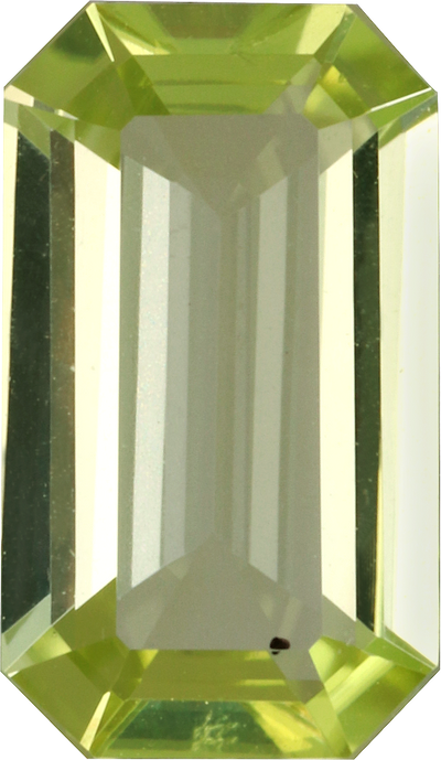 Rectangular cut green tourmaline, 10.86 by 6.35 mm, shown at actual size