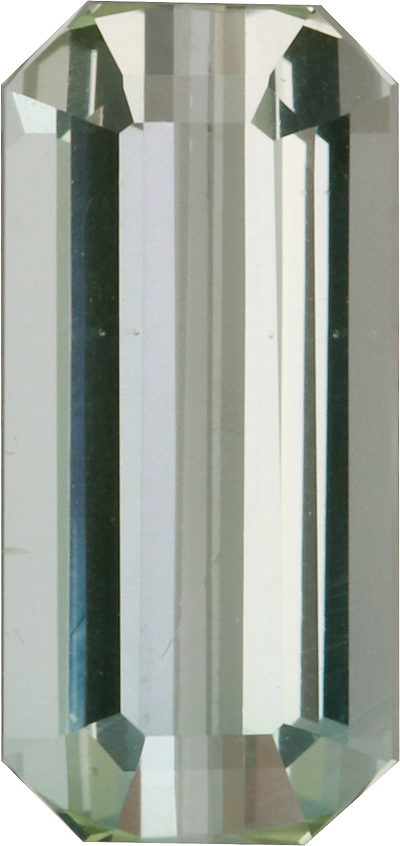Rectangular cut green tourmaline, 11.37 by 5.38 mm, shown at actual size