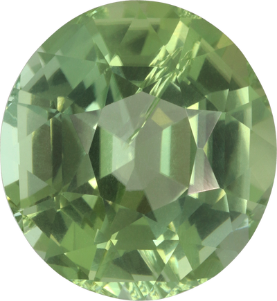 Oval cut green tourmaline, 12.6 by 11.65 mm, shown at actual size