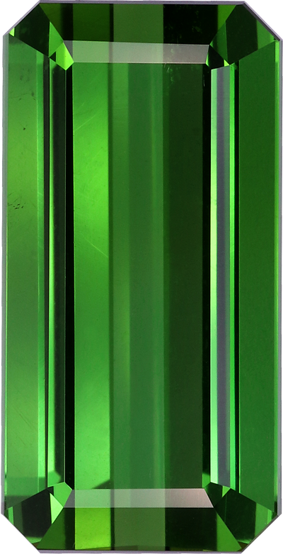 Rectangular cut green tourmaline, 16.18 by 8.19 mm, shown at actual size