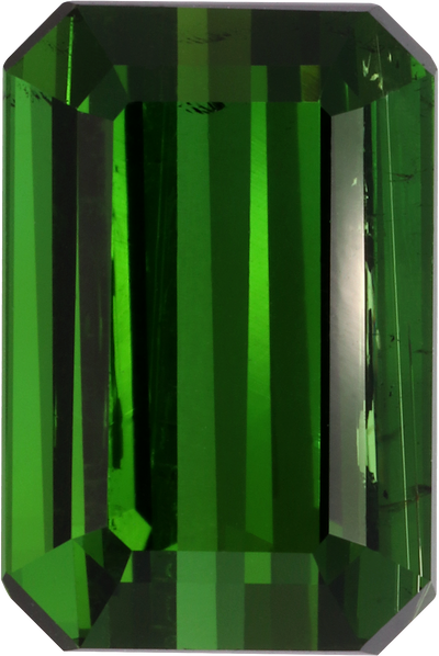 Rectangular cut green tourmaline, 12.4 by 8.26 mm, shown at actual size