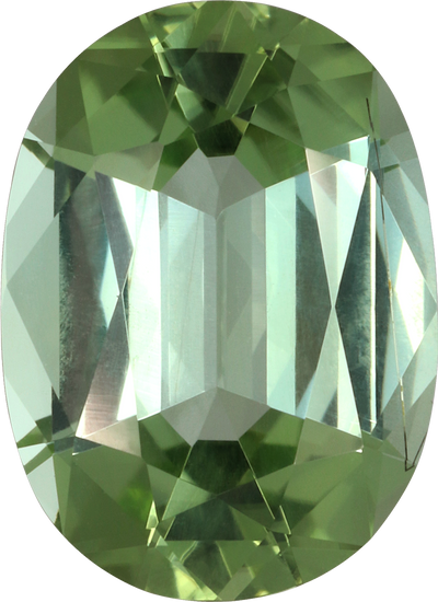 Oval cut green tourmaline, 12.54 by 9.1 mm, shown at actual size