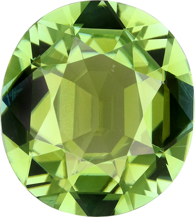Oval cut green tourmaline, 11.84 by 10.58 mm, shown at actual size