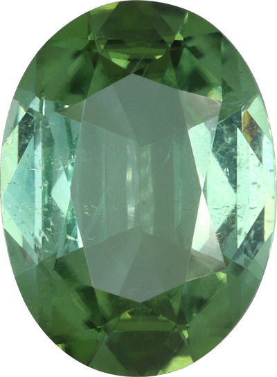 Oval cut green tourmaline, 11.06 by 8.08 mm, shown at actual size