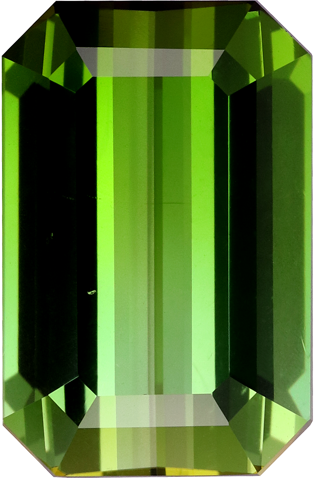 Rectangular cut green tourmaline, 15.08 by 9.9 mm, shown at actual size