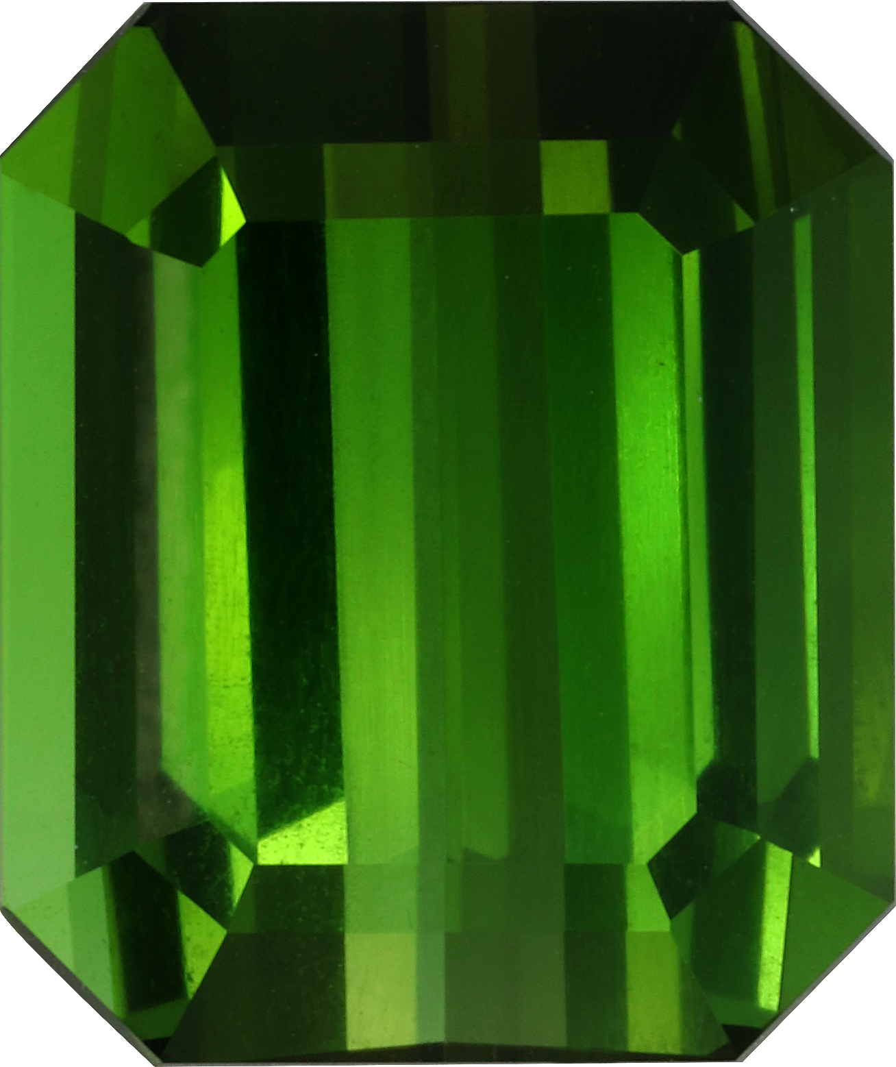 Rectangular cut green tourmaline, 12.46 by 10.52 mm, shown at actual size