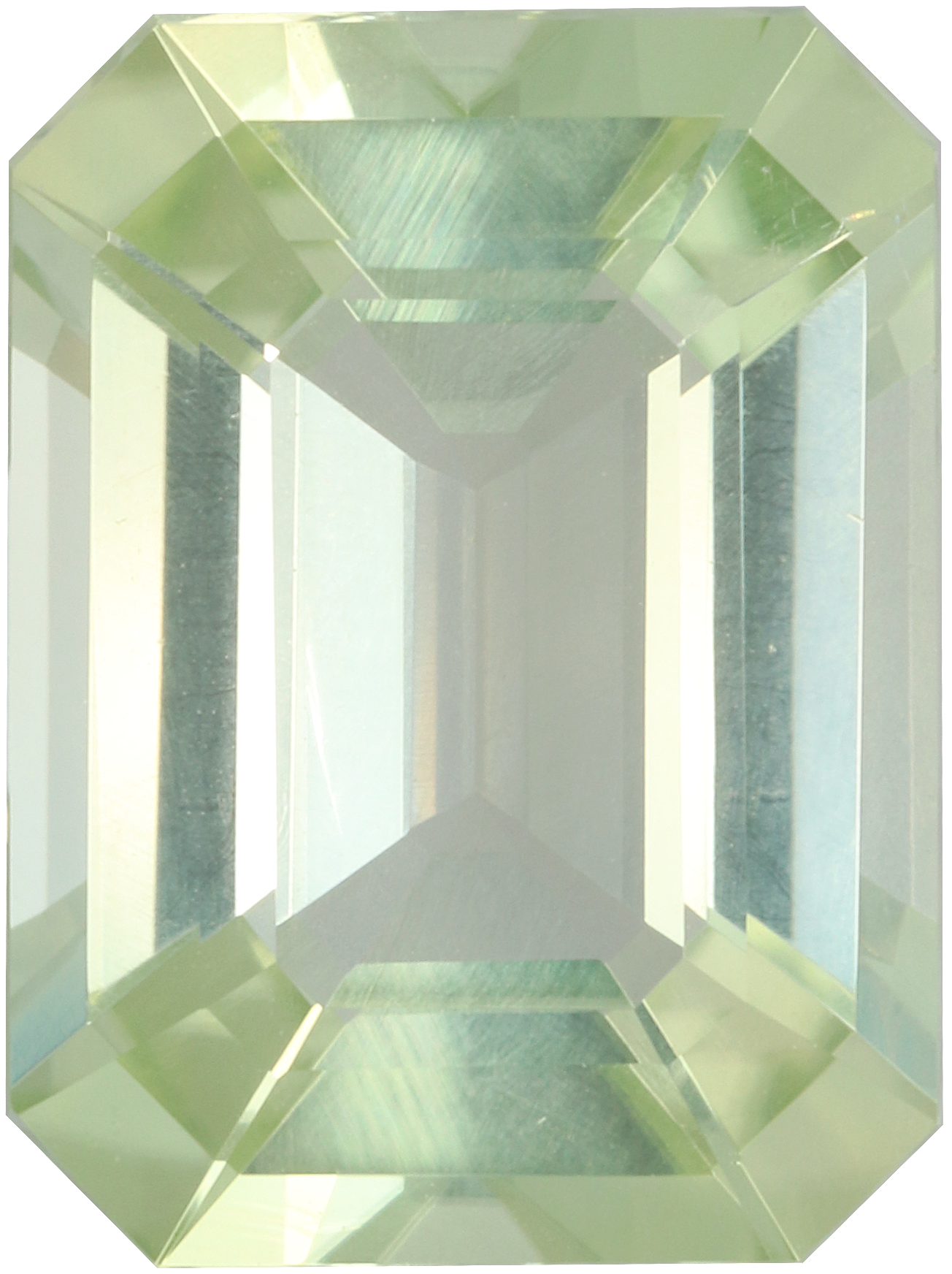 Rectangular cut green tourmaline, 13.85 by 10.33 mm, shown at actual size