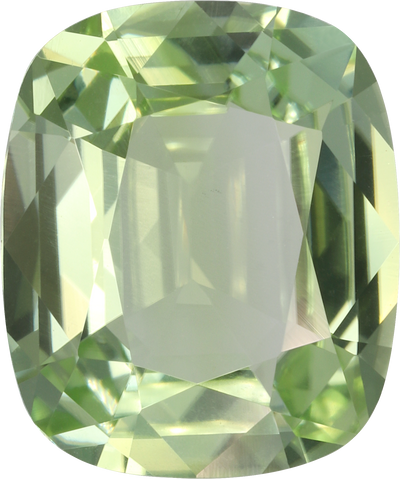 Cushion cut green tourmaline, 12.06 by 10.02 mm, shown at actual size
