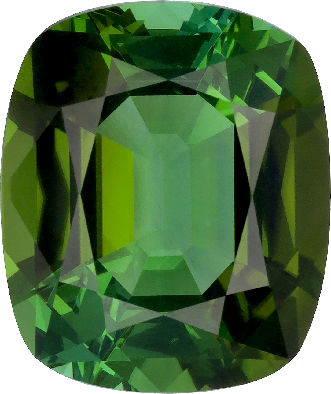 Cushion cut green tourmaline, 17.87 by 15.03 mm, shown at actual size