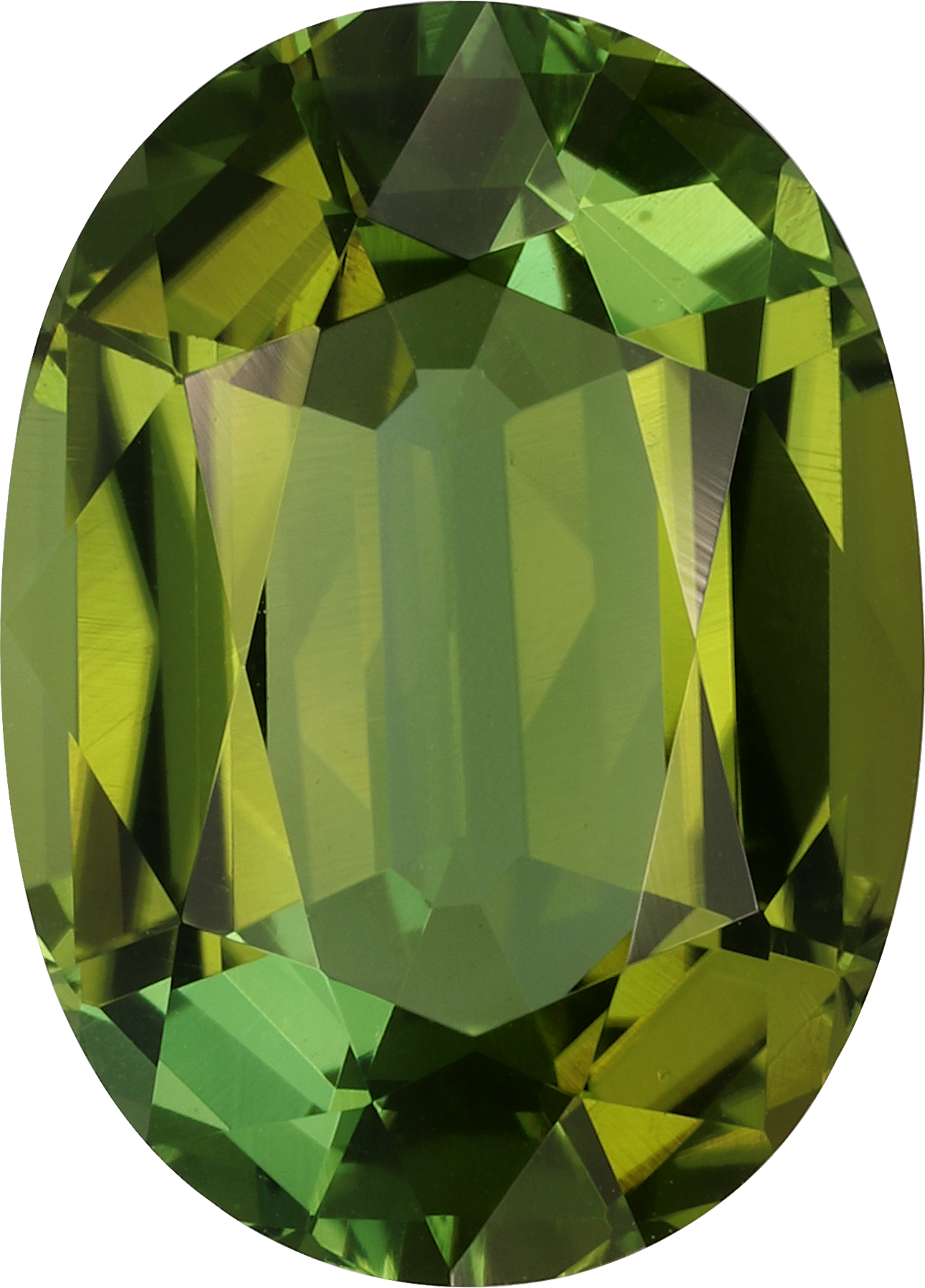 Oval cut green tourmaline, 13.98 by 10.04 mm, shown at actual size