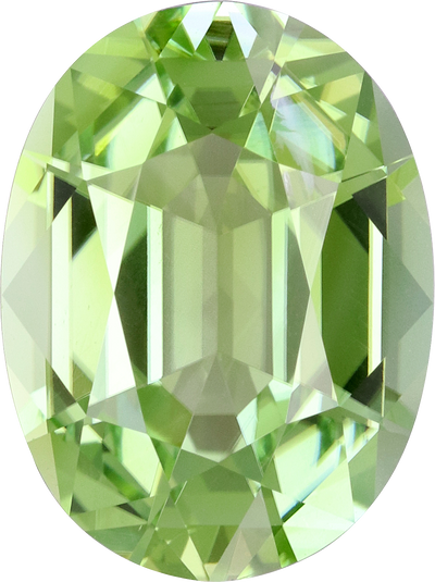 Oval cut green tourmaline, 14.05 by 10.5 mm, shown at actual size