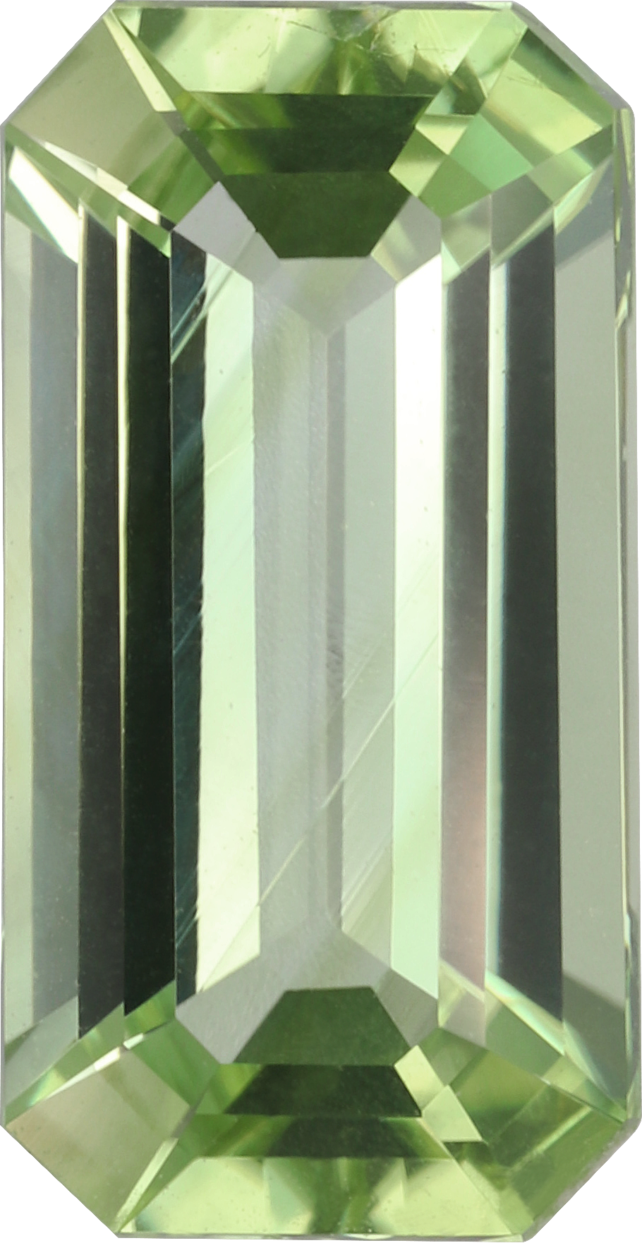 Rectangular cut green tourmaline, 11.97 by 6.23 mm, shown at actual size