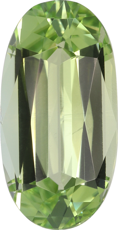 Oval cut green tourmaline, 12.01 by 6.16 mm, shown at actual size