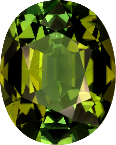 Oval cut green tourmaline, 11.06 by 8.87 mm, shown at actual size