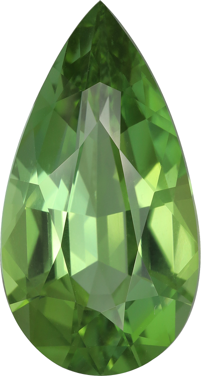 Pear cut green tourmaline, 18.34 by 9.79 mm, shown at actual size