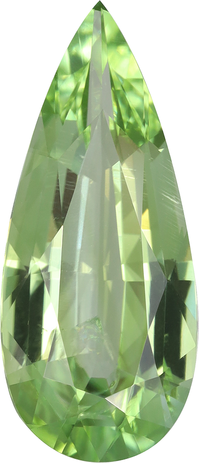 Pear cut green tourmaline, 15.96 by 6.81 mm, shown at actual size