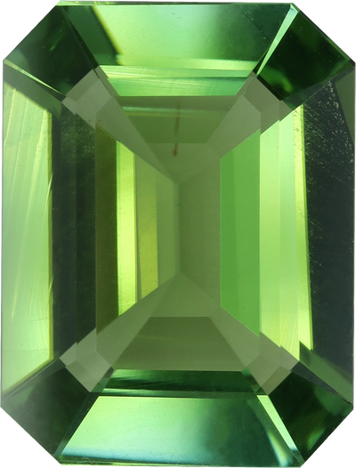 Rectangular cut green tourmaline, 15.94 by 12.1 mm, shown at actual size