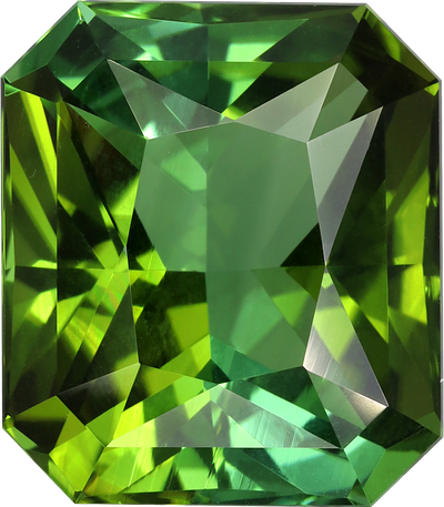Rectangular cut green tourmaline, 12.89 by 11.26 mm, shown at actual size