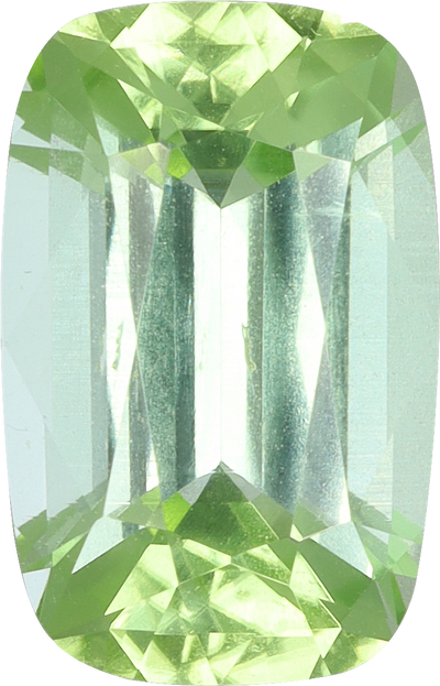 Cushion cut green tourmaline, 9.1 by 5.84 mm, shown at actual size