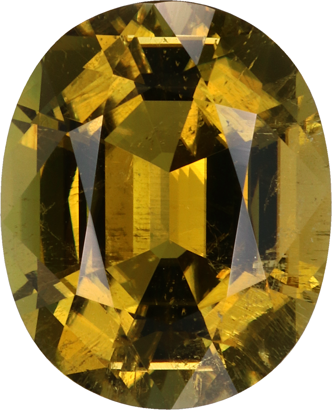Oval cut yellow tourmaline, 11.78 by 9.59 mm, shown at actual size