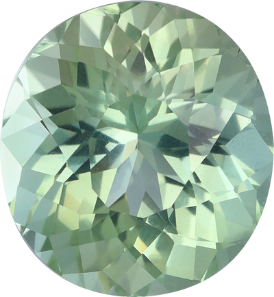Oval cut green tourmaline, 11.06 by 10.2 mm, shown at actual size