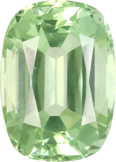Cushion cut green tourmaline, 11.54 by 8.36 mm, shown at actual size