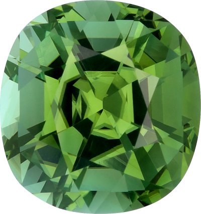 Cushion cut green tourmaline, 14.61 by 13.68 mm, shown at actual size