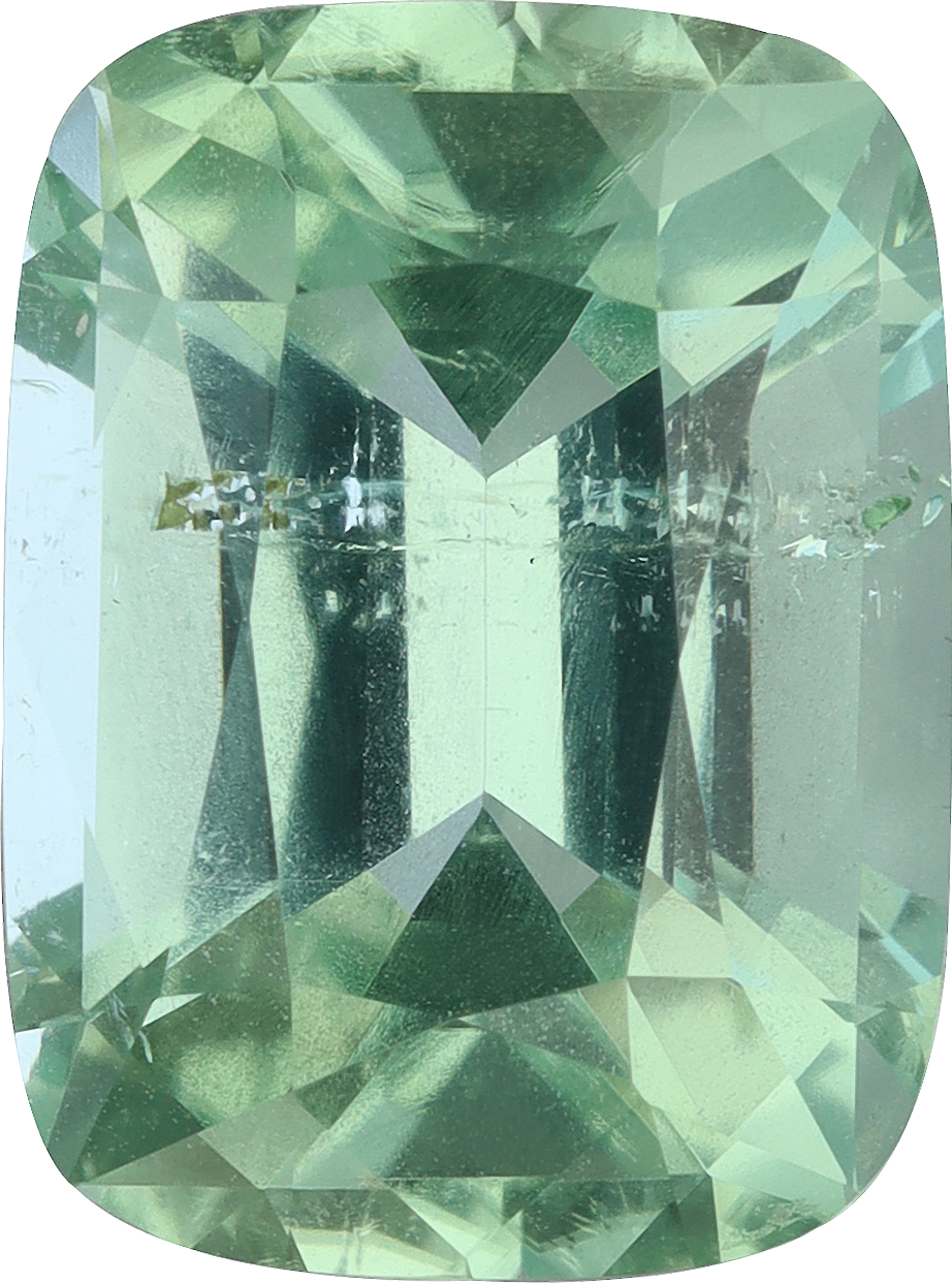 Cushion cut green tourmaline, 11.24 by 8.36 mm, shown at actual size
