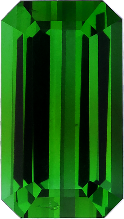 Rectangular cut green tourmaline, 14.01 by 7.93 mm, shown at actual size