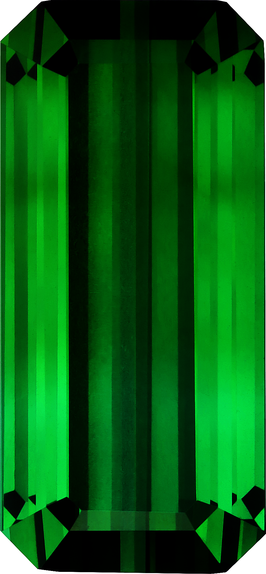Rectangular cut green tourmaline, 31.4 by 14.74 mm, shown at actual size