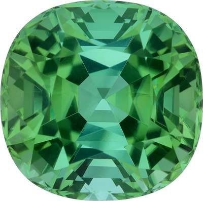 Cushion cut green tourmaline, 17.24 by 17.15 mm, shown at actual size