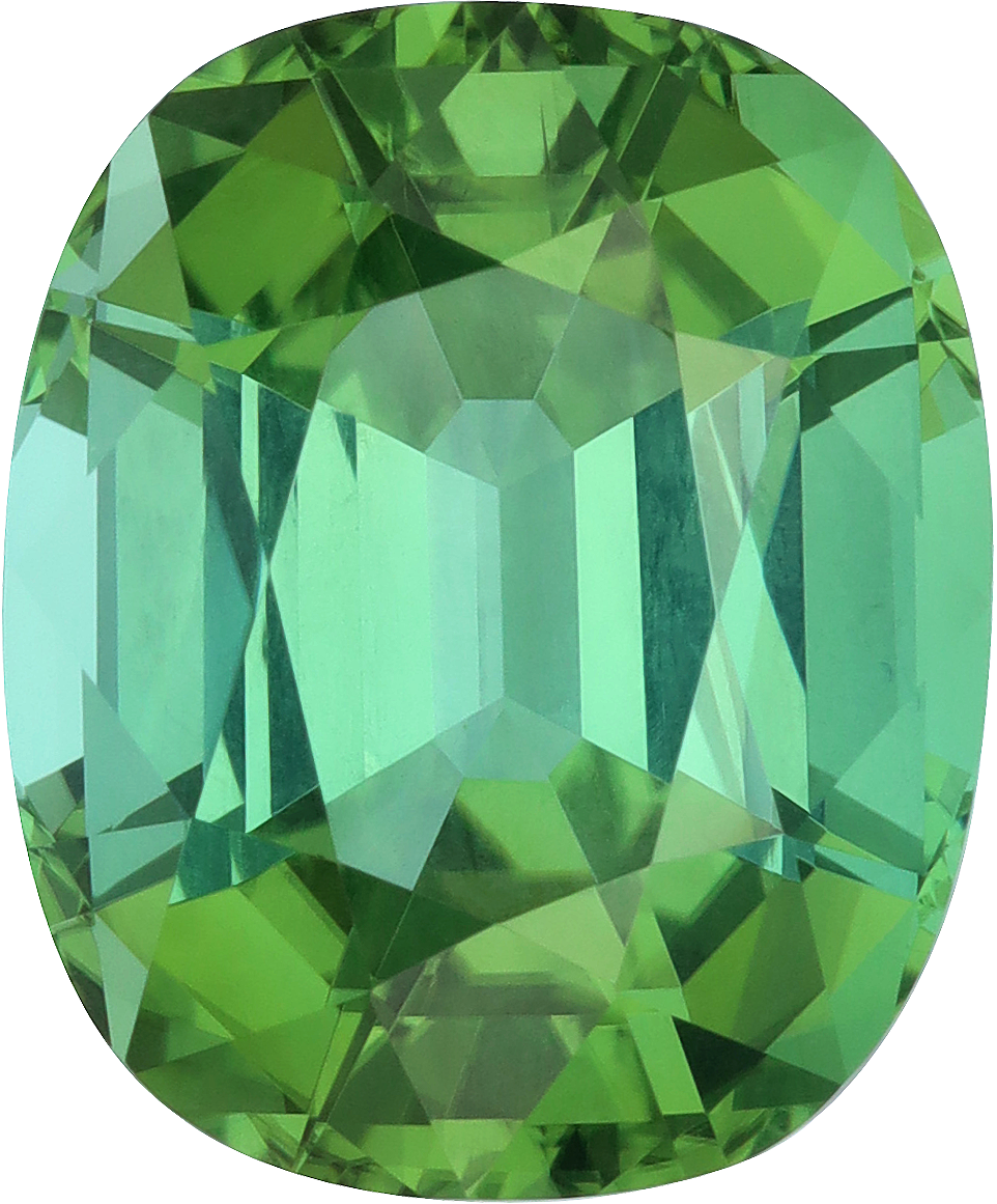 Cushion cut green tourmaline, 16.15 by 13.3 mm, shown at actual size