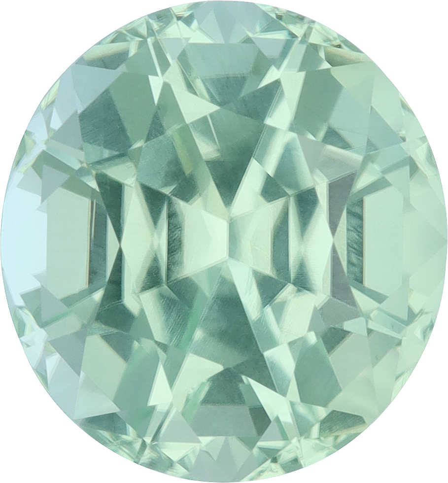 Oval cut green tourmaline, 13.61 by 12.6 mm, shown at actual size