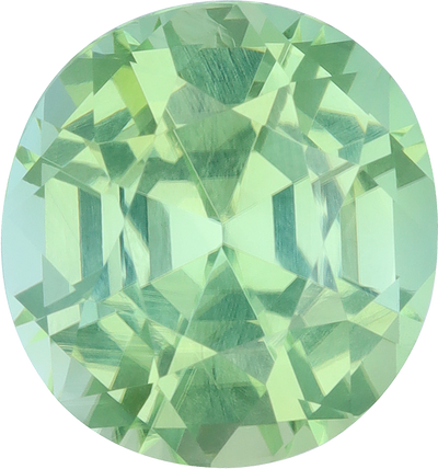 Oval cut green tourmaline, 13.42 by 12.6 mm, shown at actual size
