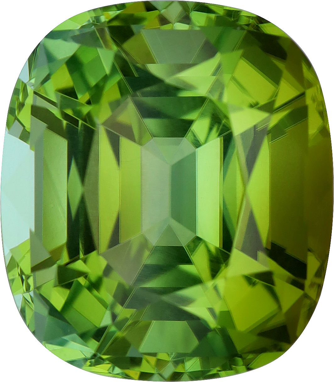 Cushion cut green tourmaline, 16.11 by 14.06 mm, shown at actual size