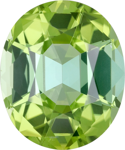 Oval cut green tourmaline, 13.94 by 11.62 mm, shown at actual size