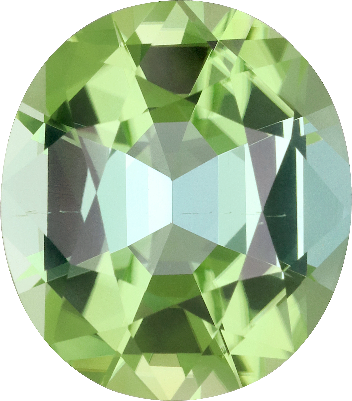Oval cut green tourmaline, 13.55 by 11.89 mm, shown at actual size