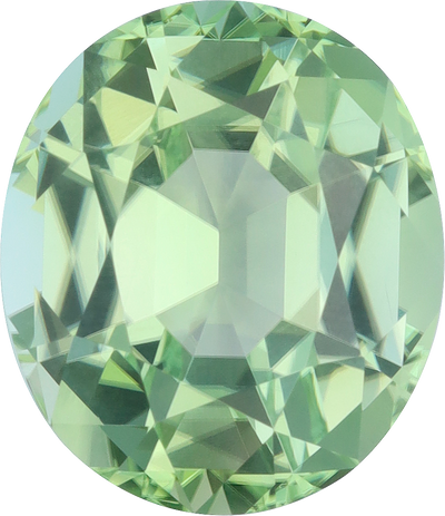 Oval cut green tourmaline, 14.08 by 12.14 mm, shown at actual size