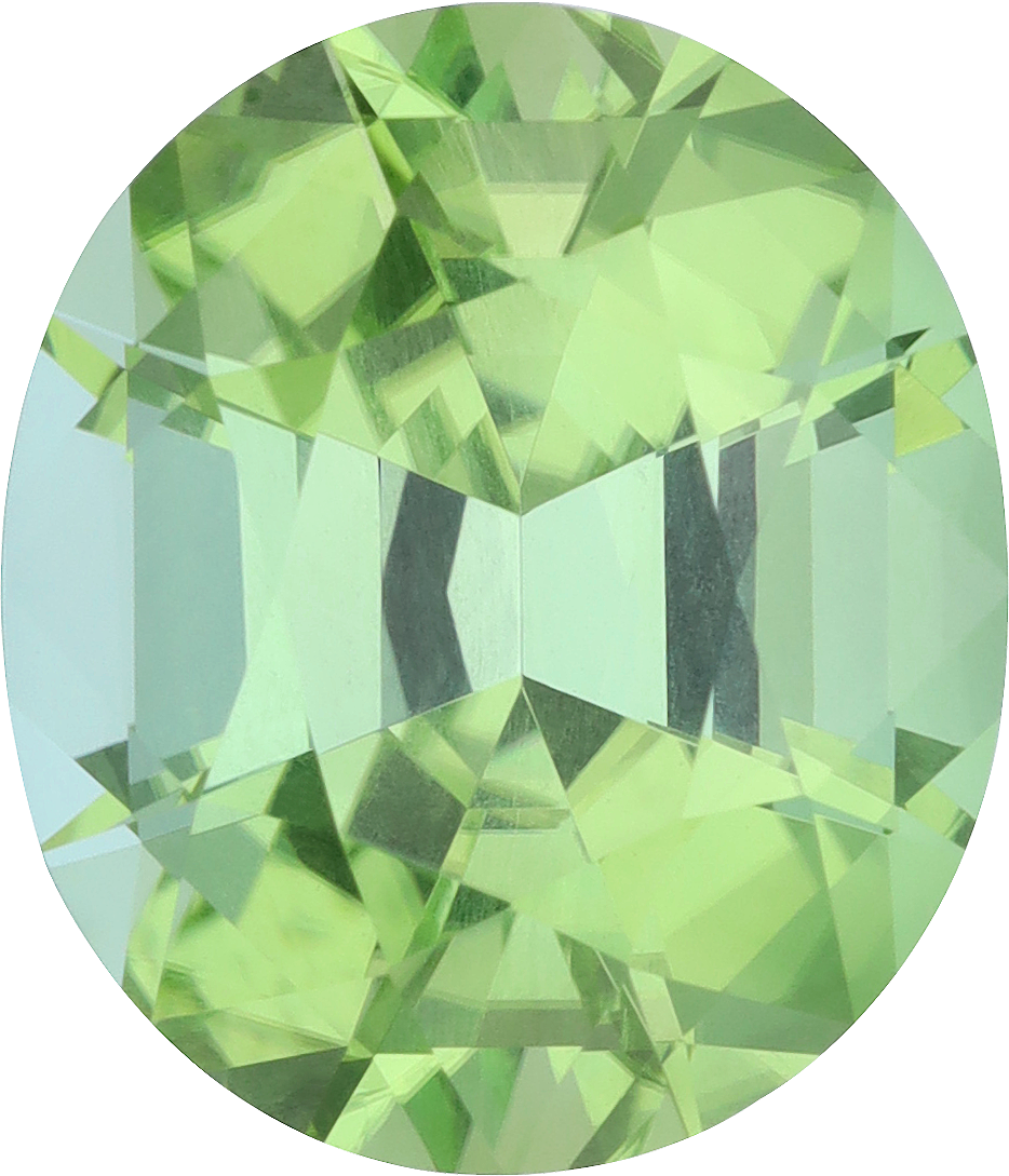 Oval cut green tourmaline, 15.06 by 12.93 mm, shown at actual size