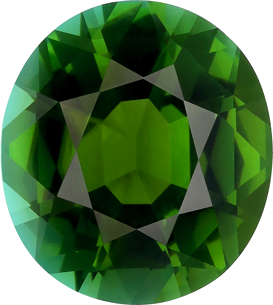 Oval cut green tourmaline, 14.79 by 13.15 mm, shown at actual size