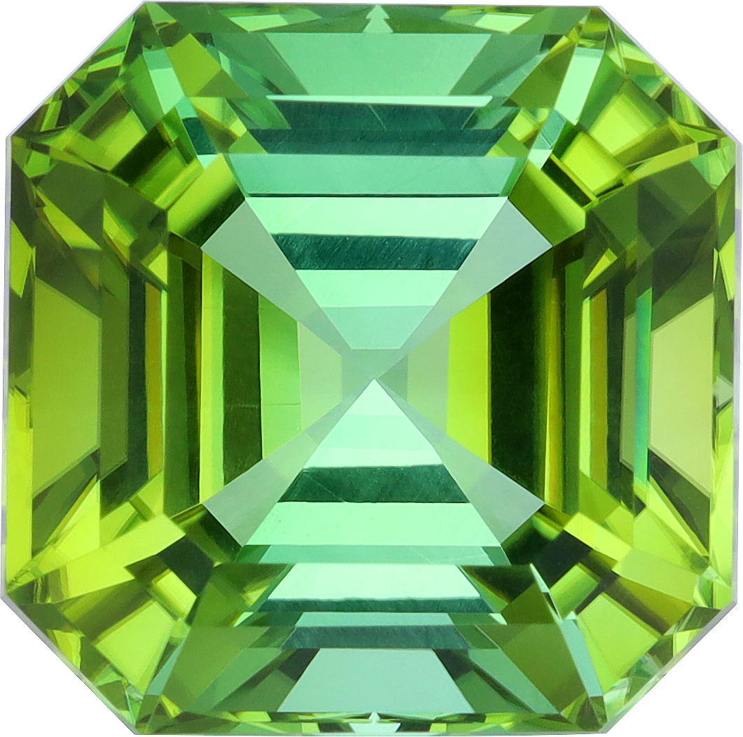 Square cut green tourmaline, 17.12 by 17.1 mm, shown at actual size