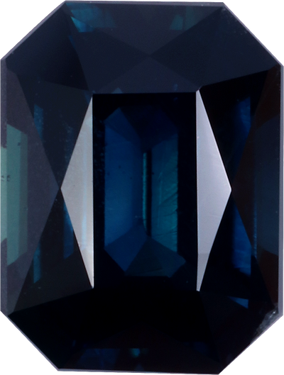 Rectangular cut teal sapphire, 7.57 by 5.8 mm, shown at actual size