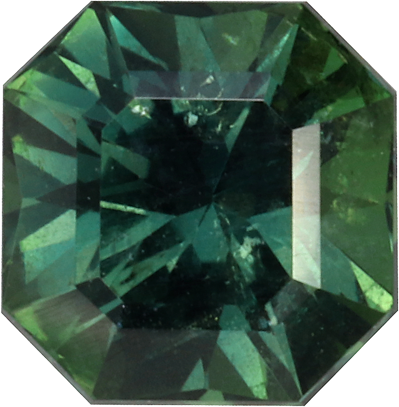 Square cut teal sapphire, 6.08 by 5.96 mm, shown at actual size