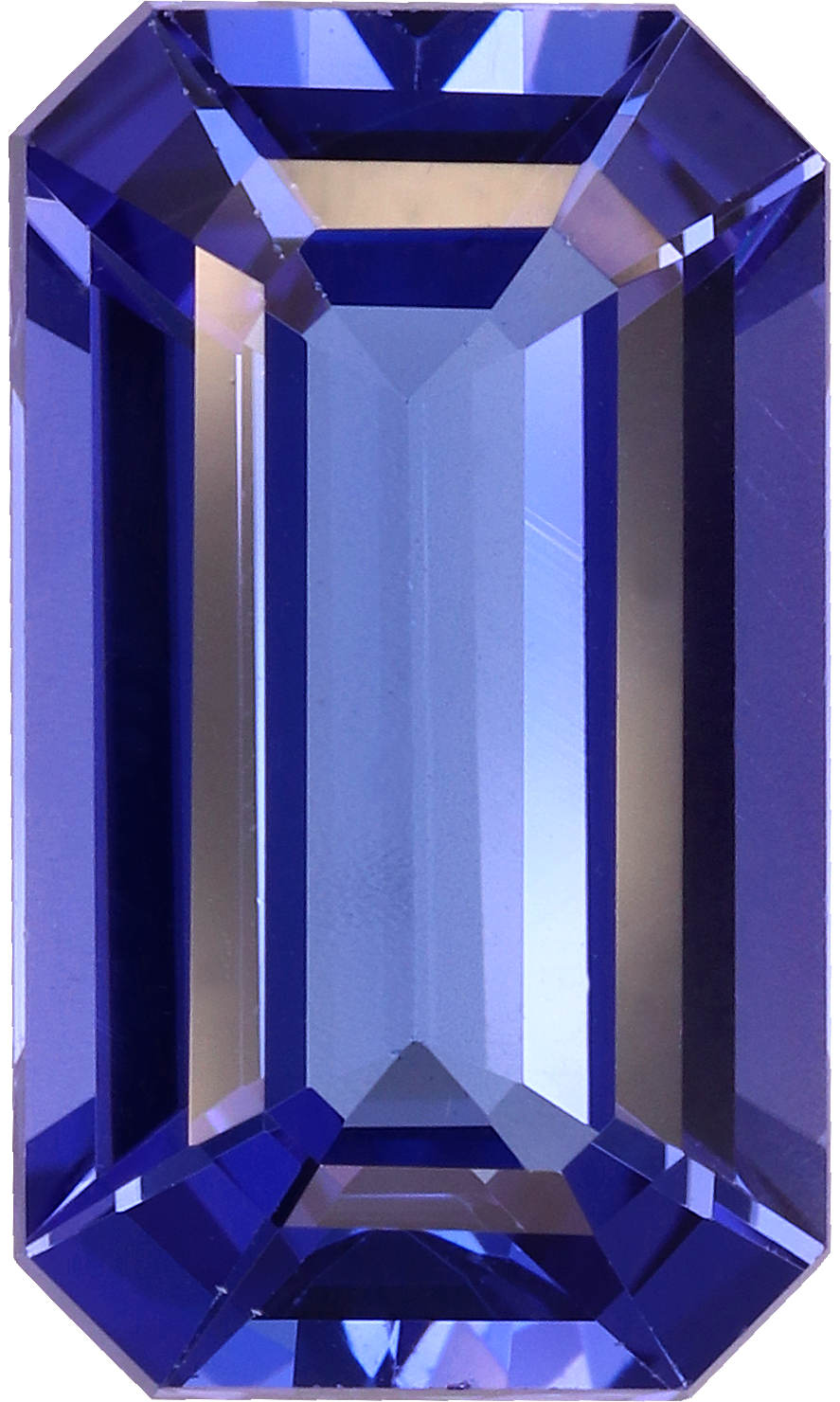 Rectangular cut tanzanite, 13.09 by 7.7 mm, shown at actual size